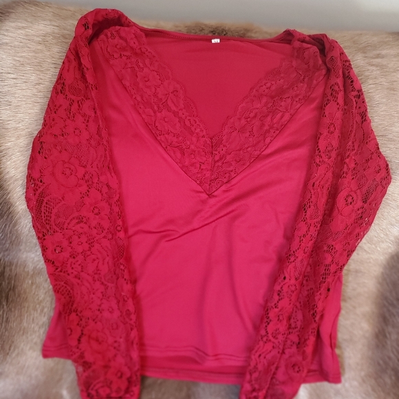 One left Medium! Silky V-neck Lace Long Sleeve T-shirt - Picture 2 of 2